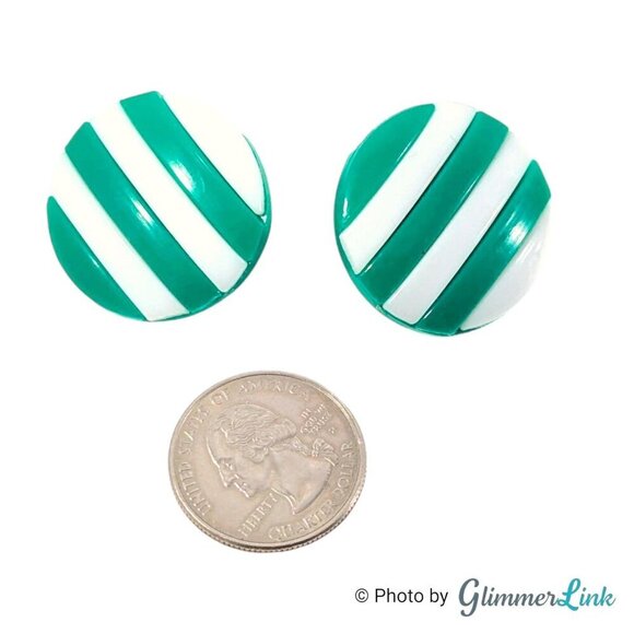 Vintage Round Striped Lucite Green & White Silver Tone Clip On Earrings - Picture 6 of 11